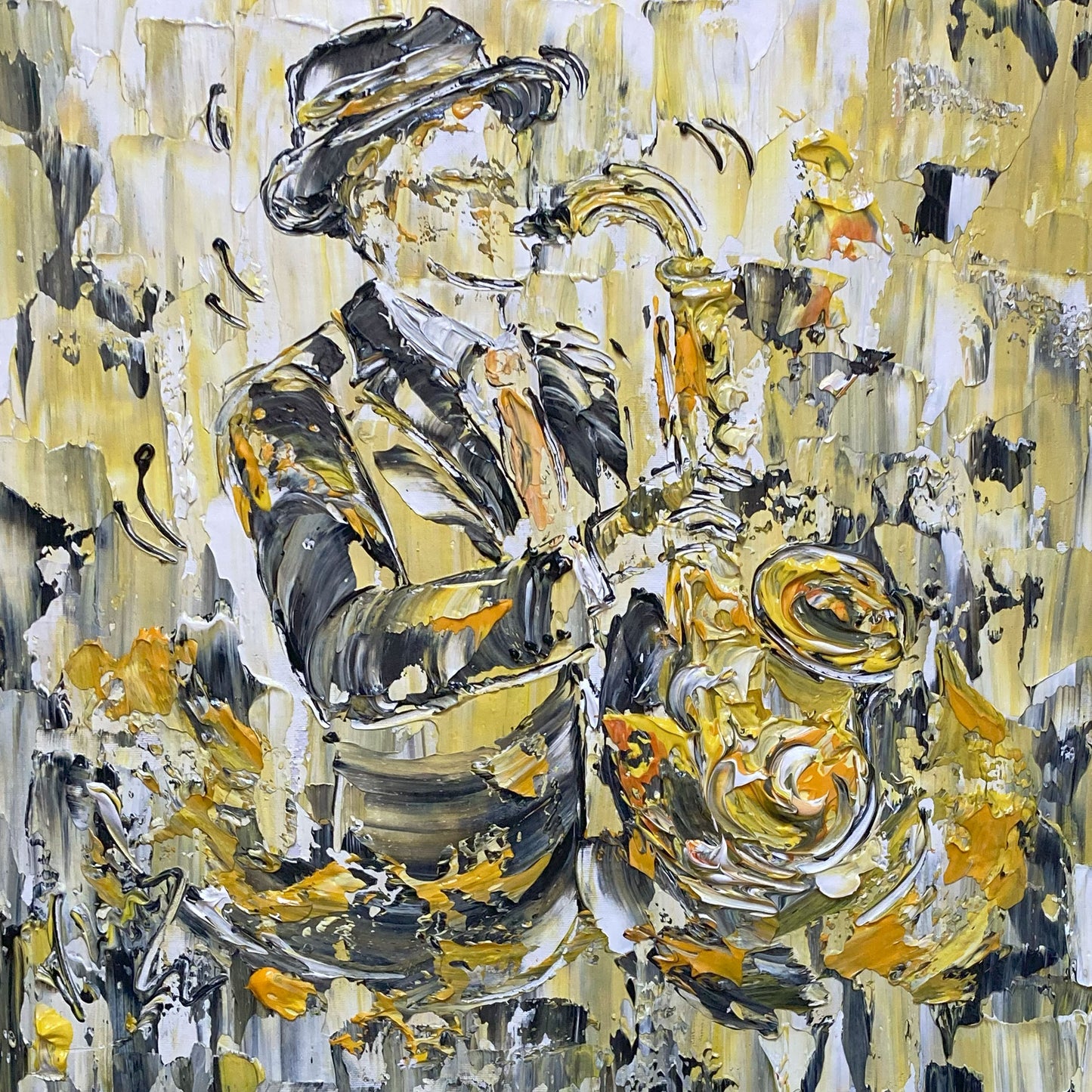 Tableau saxophoniste musique musicien saxophone jazz. Peinture Originale sur toile. Format 40x40cm. Création Virginie Linard ©.