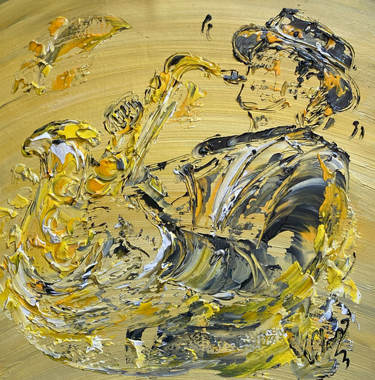 Tableau saxophoniste musique musicien saxophone jazz. Peinture Originale sur toile. Format 40x40cm. Création Virginie Linard ©.