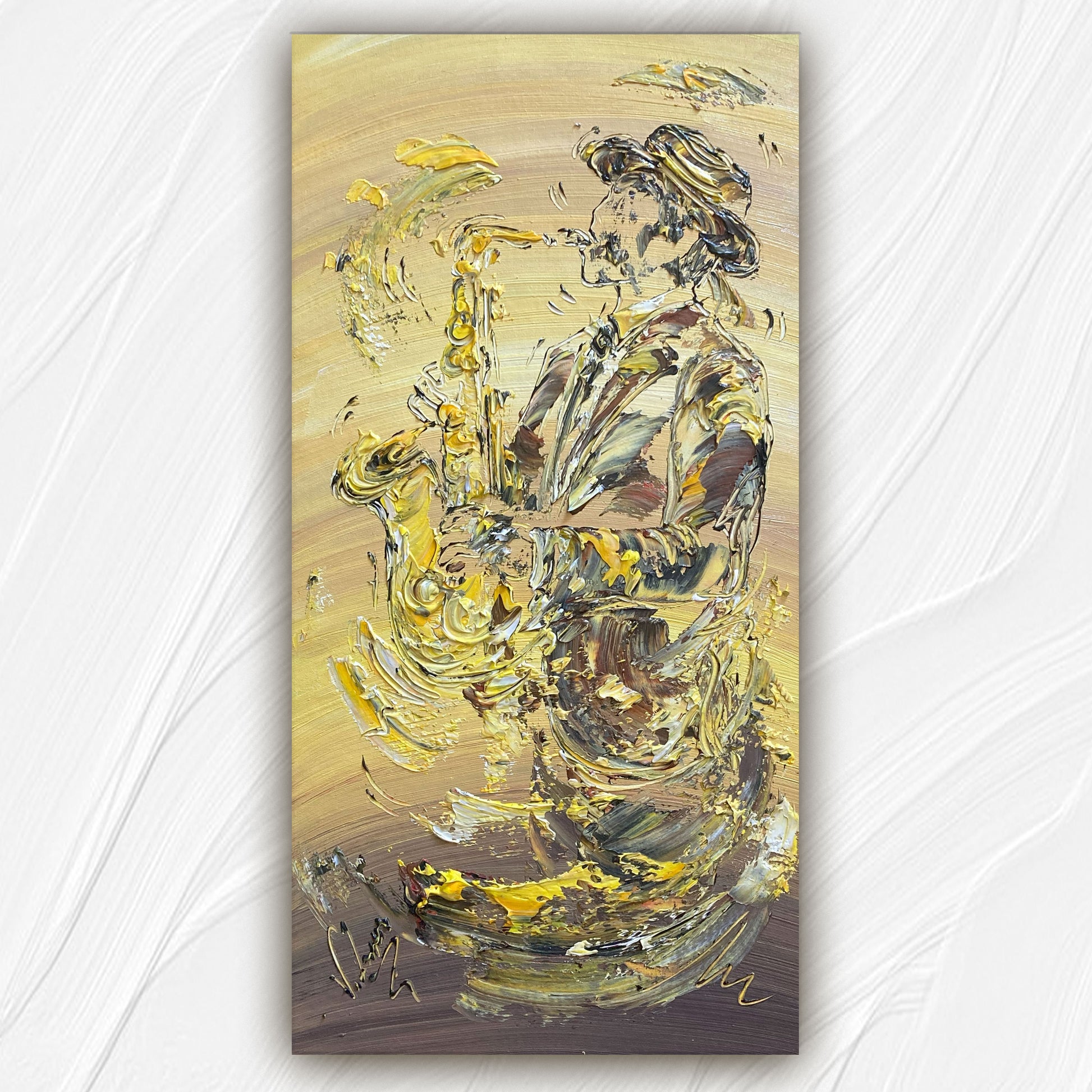 Tableau musicien saxophoniste jazz , peinture sur toile 30x60cm. Création Virginie Linard ©.