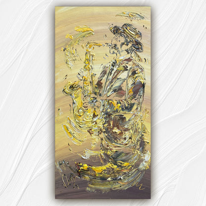 Tableau musicien saxophoniste jazz , peinture sur toile 30x60cm. Création Virginie Linard ©.