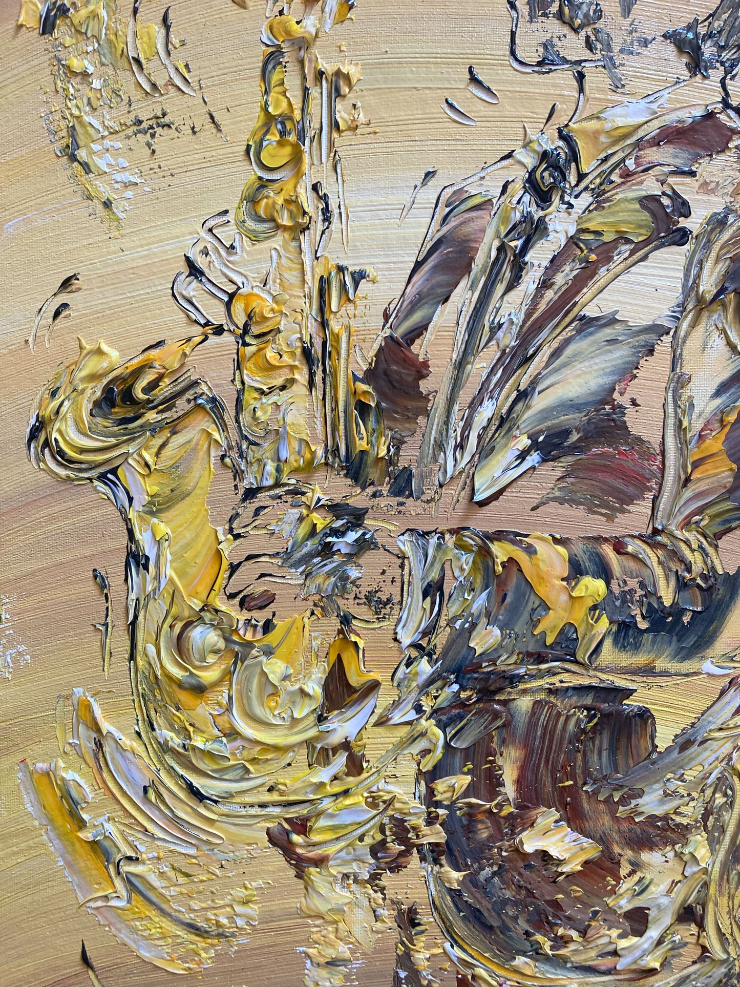 Tableau musicien saxophoniste jazz , peinture sur toile 30x60cm. Création Virginie Linard ©.