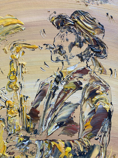 Tableau musicien saxophoniste jazz , peinture sur toile 30x60cm. Création Virginie Linard ©.