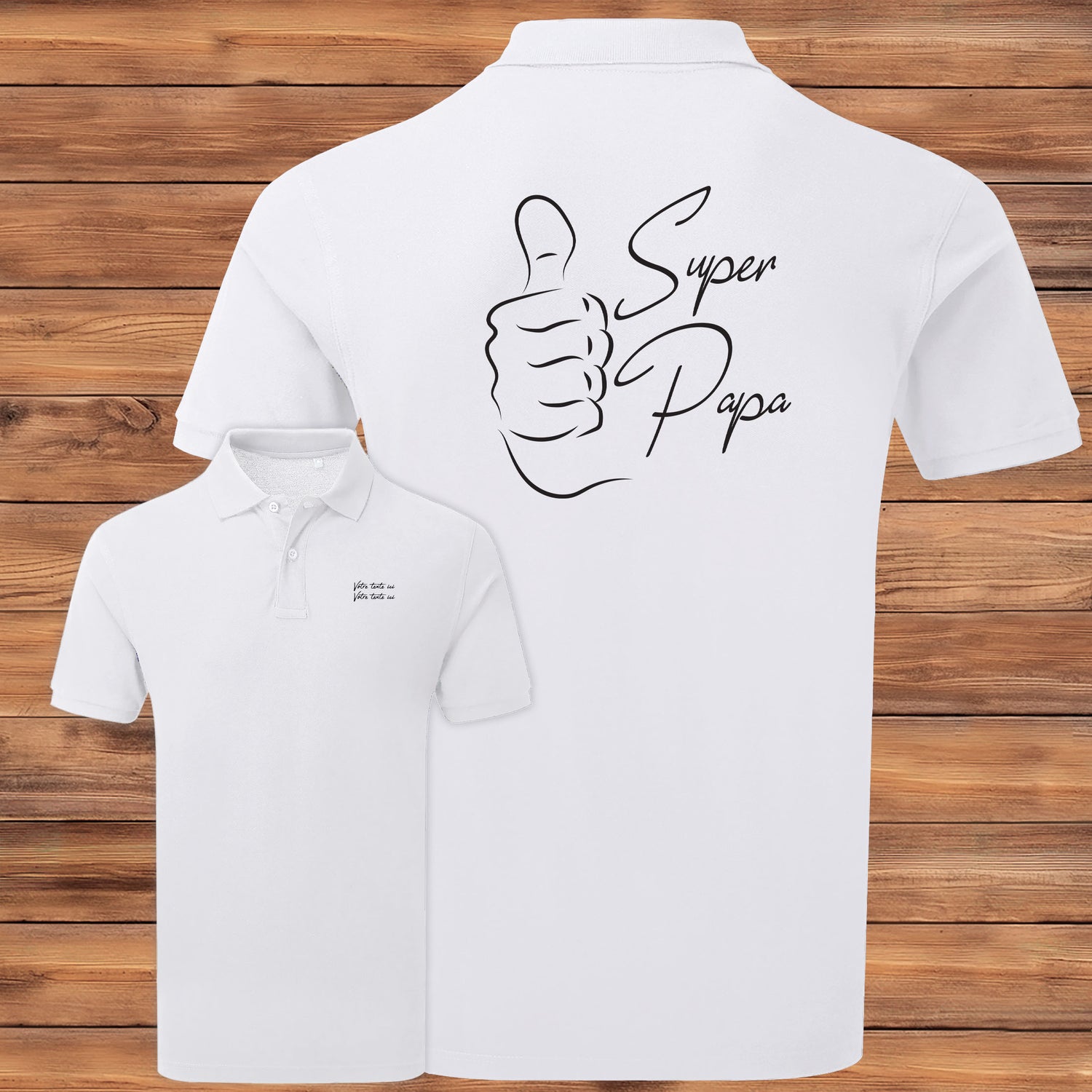 Graphisme super papa avec un pouce levé sur polo à personnaliser avec du texte. Création Virginie Linard ©.