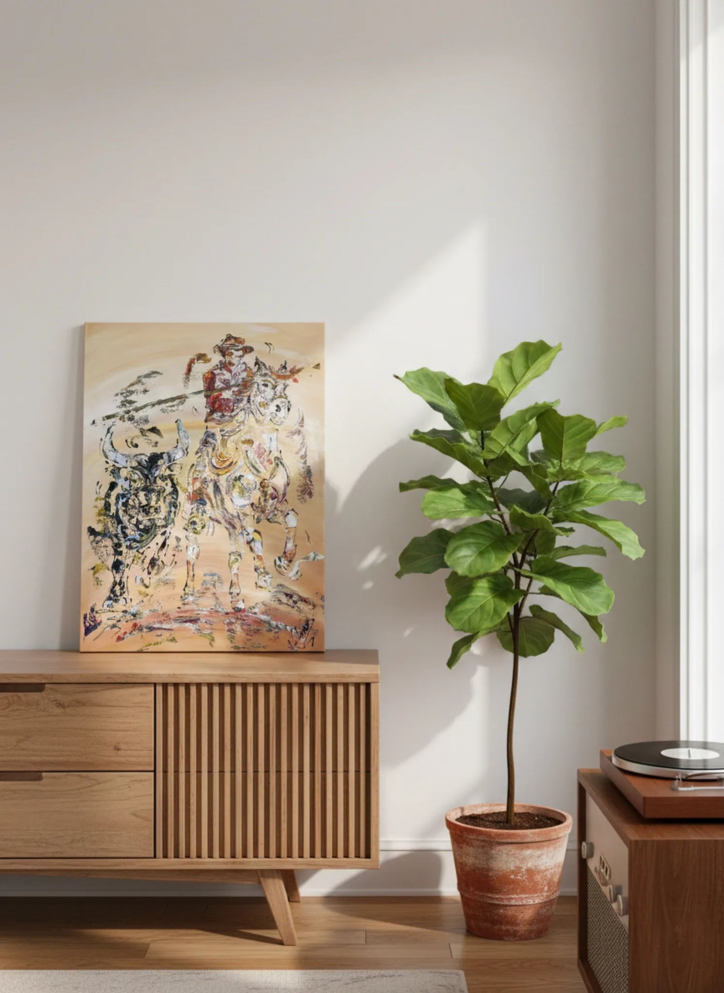 Peinture originale à l'acrylique 50x70cm représentant un gardian sur son cheval blanc galopant à côté d'un taureau noir en Camargue. Style à la spatule avec reliefs texturés.