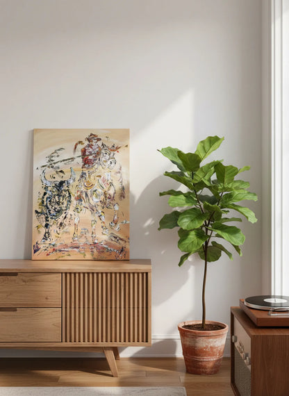 Peinture originale à l'acrylique 50x70cm représentant un gardian sur son cheval blanc galopant à côté d'un taureau noir en Camargue. Style à la spatule avec reliefs texturés.