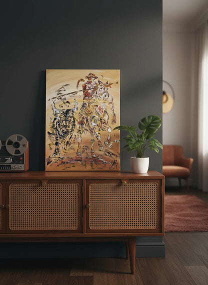 Peinture originale à l'acrylique 50x70cm représentant un gardian sur son cheval blanc galopant à côté d'un taureau noir en Camargue. Style à la spatule avec reliefs texturés.