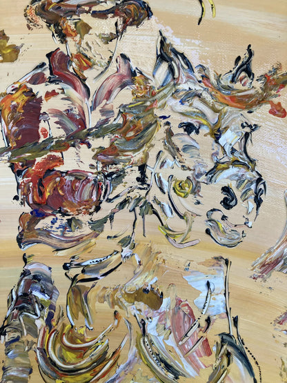 Peinture originale à l'acrylique 50x70cm représentant un gardian sur son cheval blanc galopant à côté d'un taureau noir en Camargue. Style à la spatule avec reliefs texturés.