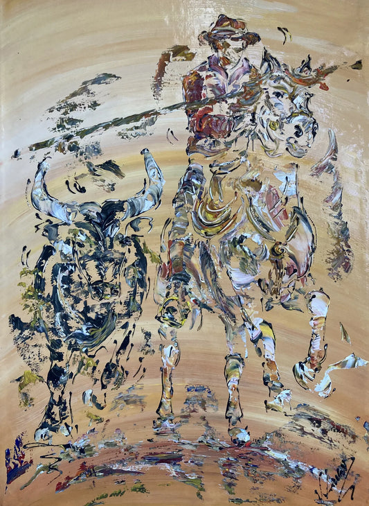 Peinture originale à l'acrylique 50x70cm représentant un gardian sur son cheval blanc galopant à côté d'un taureau noir en Camargue. Style à la spatule avec reliefs texturés.