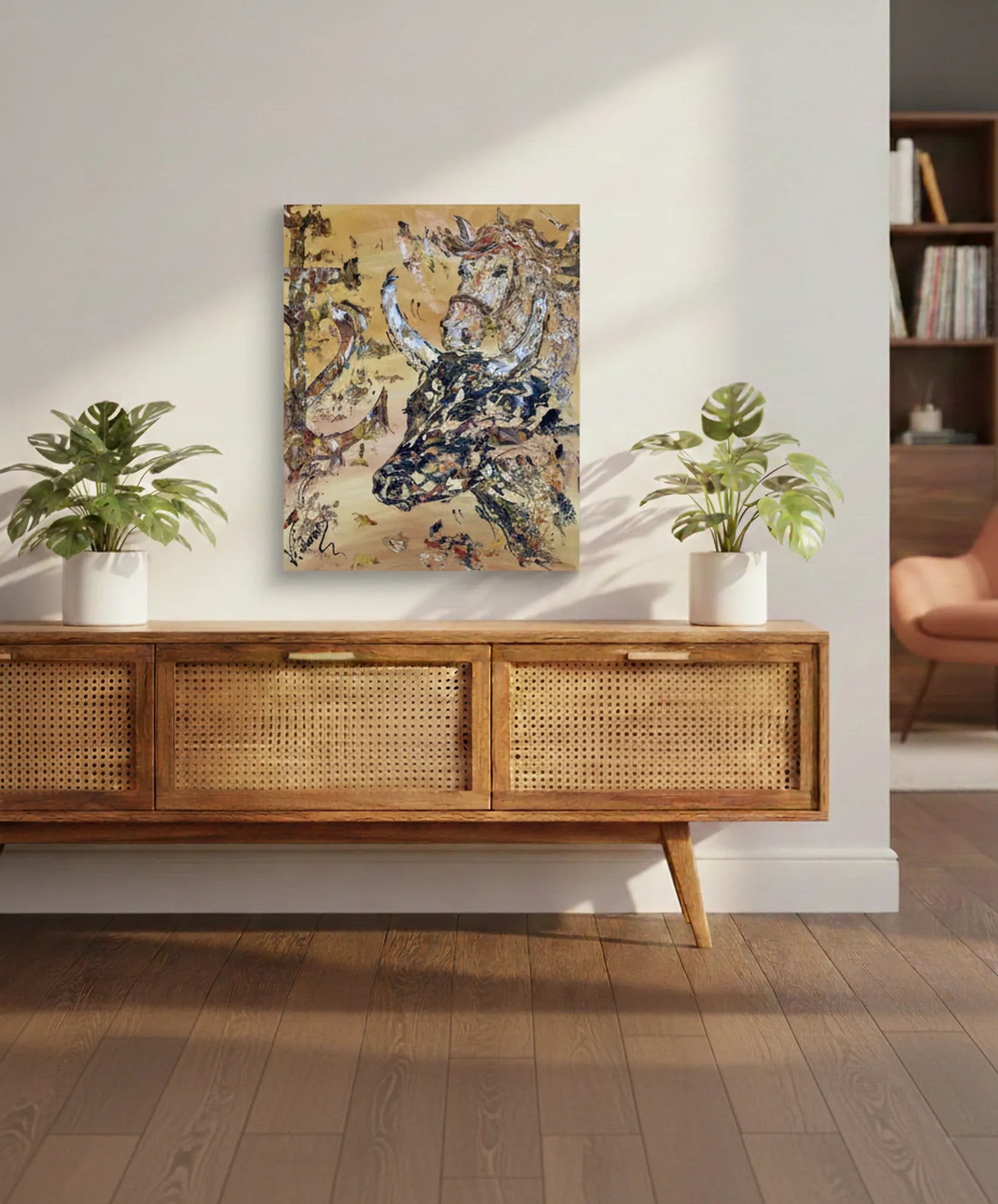 Tableau de Camargue format 55x46cm exposé dans un intérieur provençal. Décoration murale authentique avec cheval, taureau et emblème camarguais.