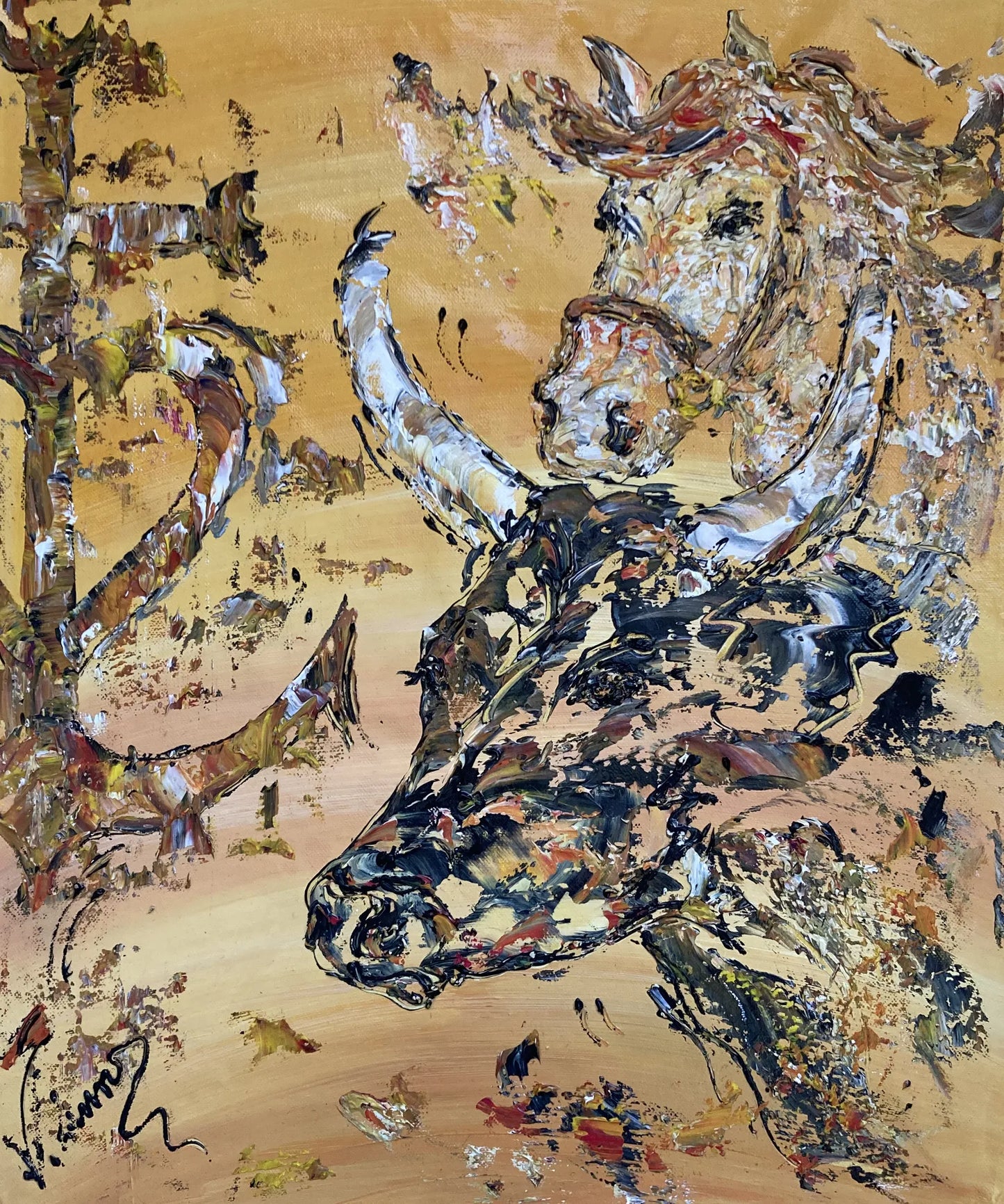 Peinture originale de Camargue 55x46cm : un cheval blanc et un taureau noir face à la Croix de Camargue. Technique à la spatule avec relief.