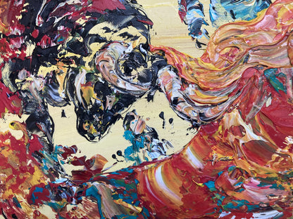 Zoom sur les reliefs de la peinture au couteau. Détail des textures rouges et marron évoquant le mouvement de la muleta et l'arène.