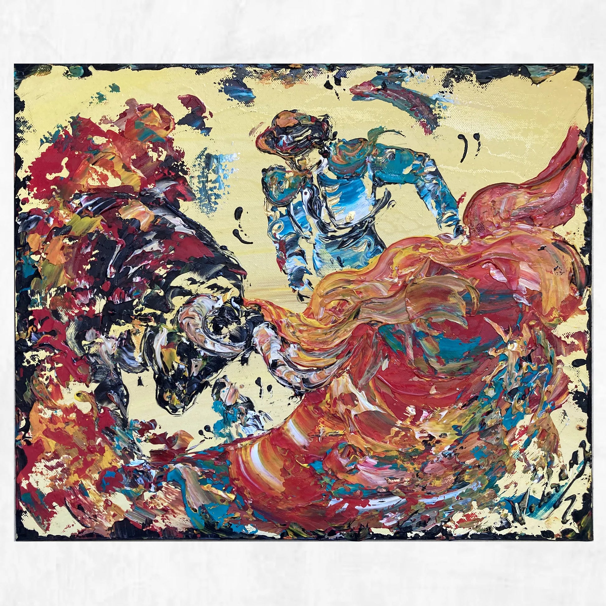 Peinture taurine originale 46x38cm, scène de corrida à la spatule, couleurs vives et reliefs acryliques, pièce unique signée.
