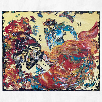 Peinture taurine originale 46x38cm, scène de corrida à la spatule, couleurs vives et reliefs acryliques, pièce unique signée.