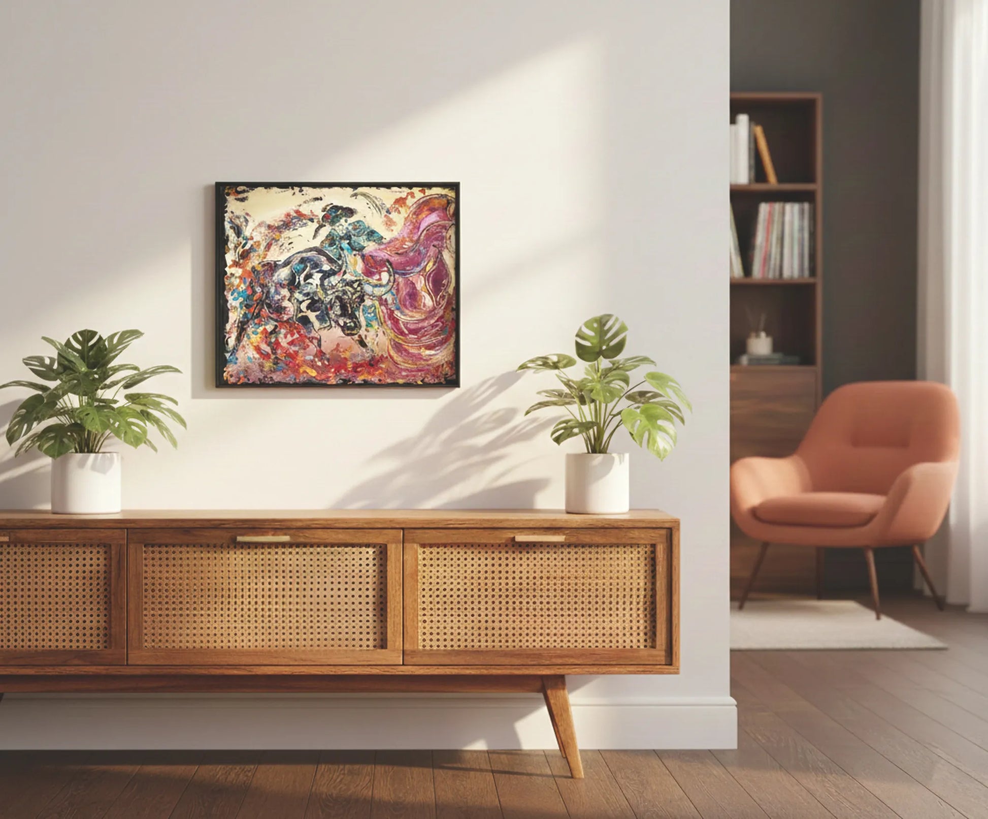 Tableau de corrida contemporain format 50x61cm exposé sur un mur blanc. Décoration murale thématique taurine et artistique.