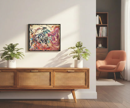 Tableau de corrida contemporain format 50x61cm exposé sur un mur blanc. Décoration murale thématique taurine et artistique.