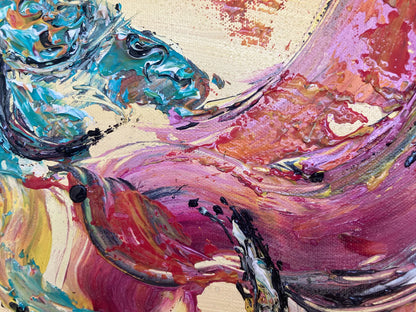 Détail du relief de la peinture au couteau sur l'habit de lumières et la muleta rose et jaune. Texture acrylique épaisse pour un rendu dynamique.