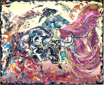 Peinture de corrida originale 50x61cm, scène de tauromachie à l'acrylique montrant un torero et un taureau de combat, style texturé à la spatule.