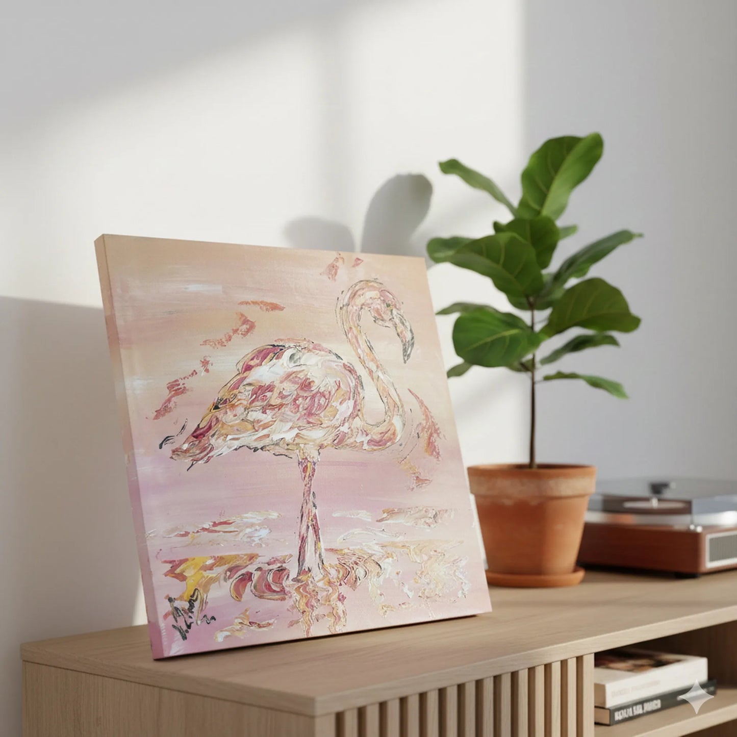 Peinture d'un flamant rose élégant en Camargue, décor nature et couleurs vives.