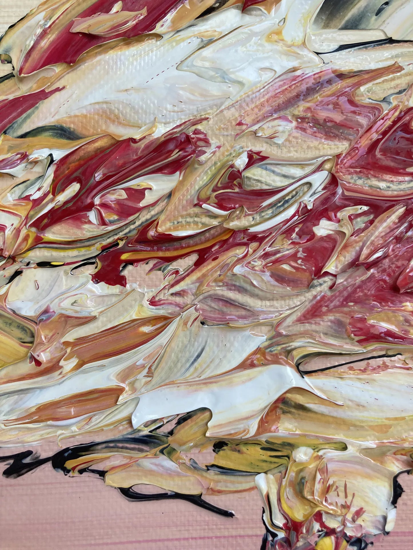 Tableau , peinture sur toile. Flamant rose sur fond rose blanc et jaune, style art déco. Format 40x40cm. Détail queue. Peintre Virginie Linard.