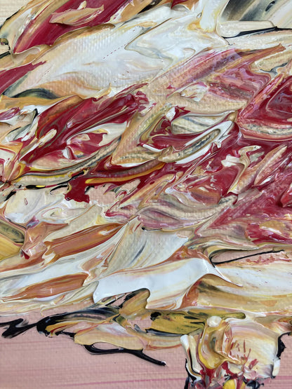 Tableau , peinture sur toile. Flamant rose sur fond rose blanc et jaune, style art déco. Format 40x40cm. Détail queue. Peintre Virginie Linard.