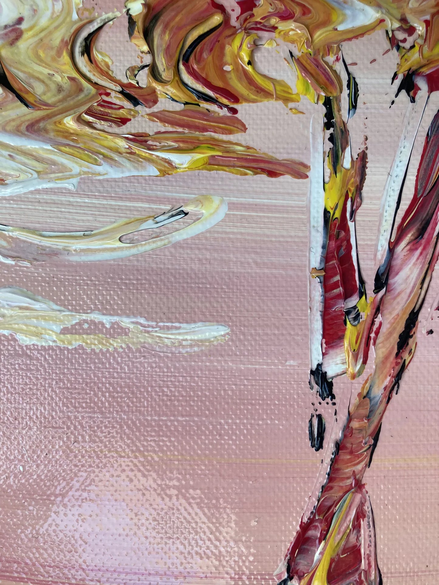 Tableau , peinture sur toile. Flamant rose sur fond rose blanc et jaune, style art déco. Format 40x40cm. Détail pattes. Peintre Virginie Linard.