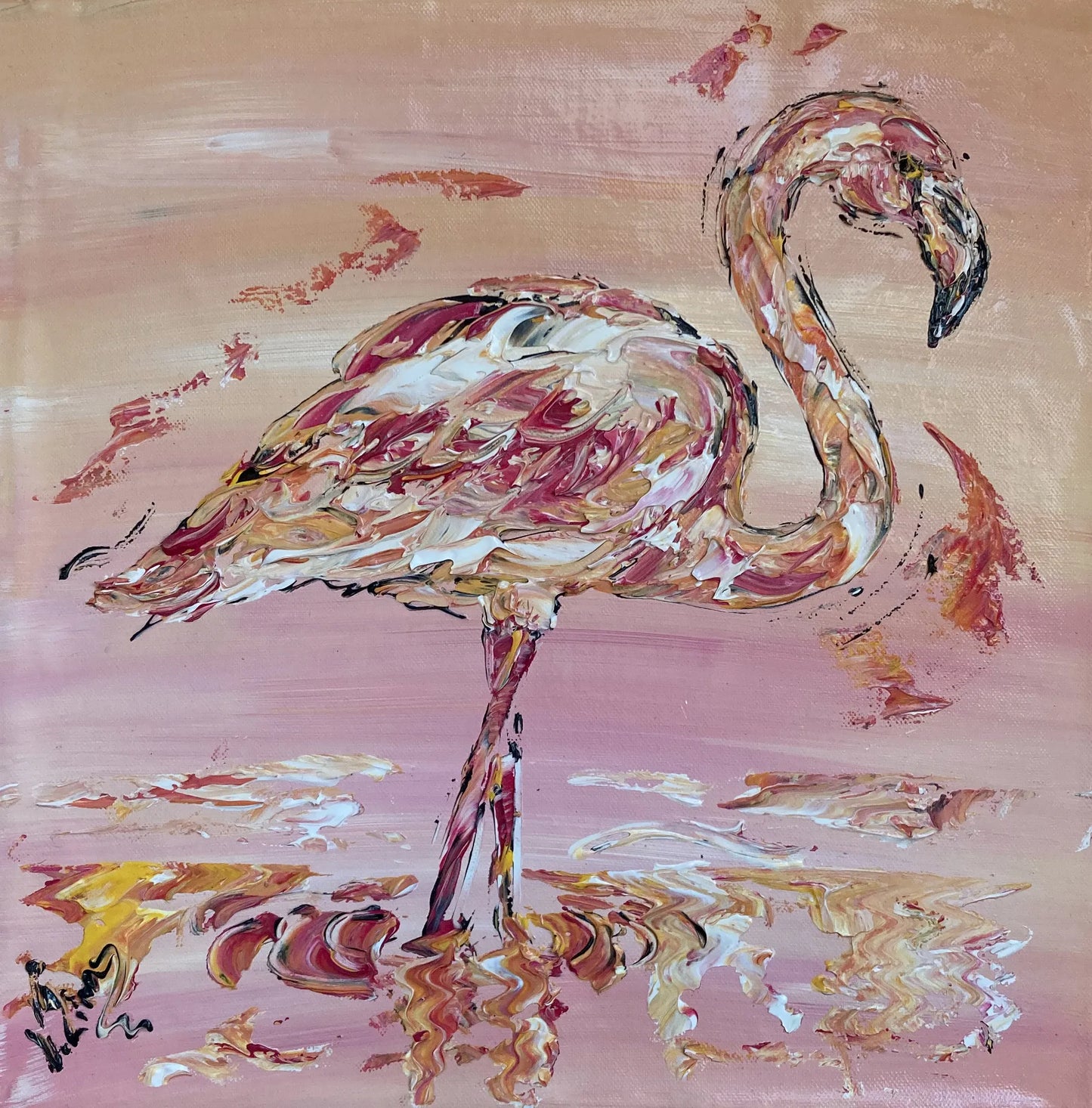 Tableau , peinture sur toile. Flamant rose sur fond rose blanc et jaune, style art déco. Format 40x40cm.  Peintre Virginie Linard.