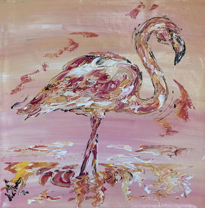 Tableau , peinture sur toile. Flamant rose sur fond rose blanc et jaune, style art déco. Format 40x40cm.  Peintre Virginie Linard.