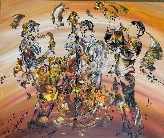 Tableau 55x46m trio musiciens jazz Contrebasse Saxophone et Trompette. Peinture sur toile originale signée Virginie Linard @.