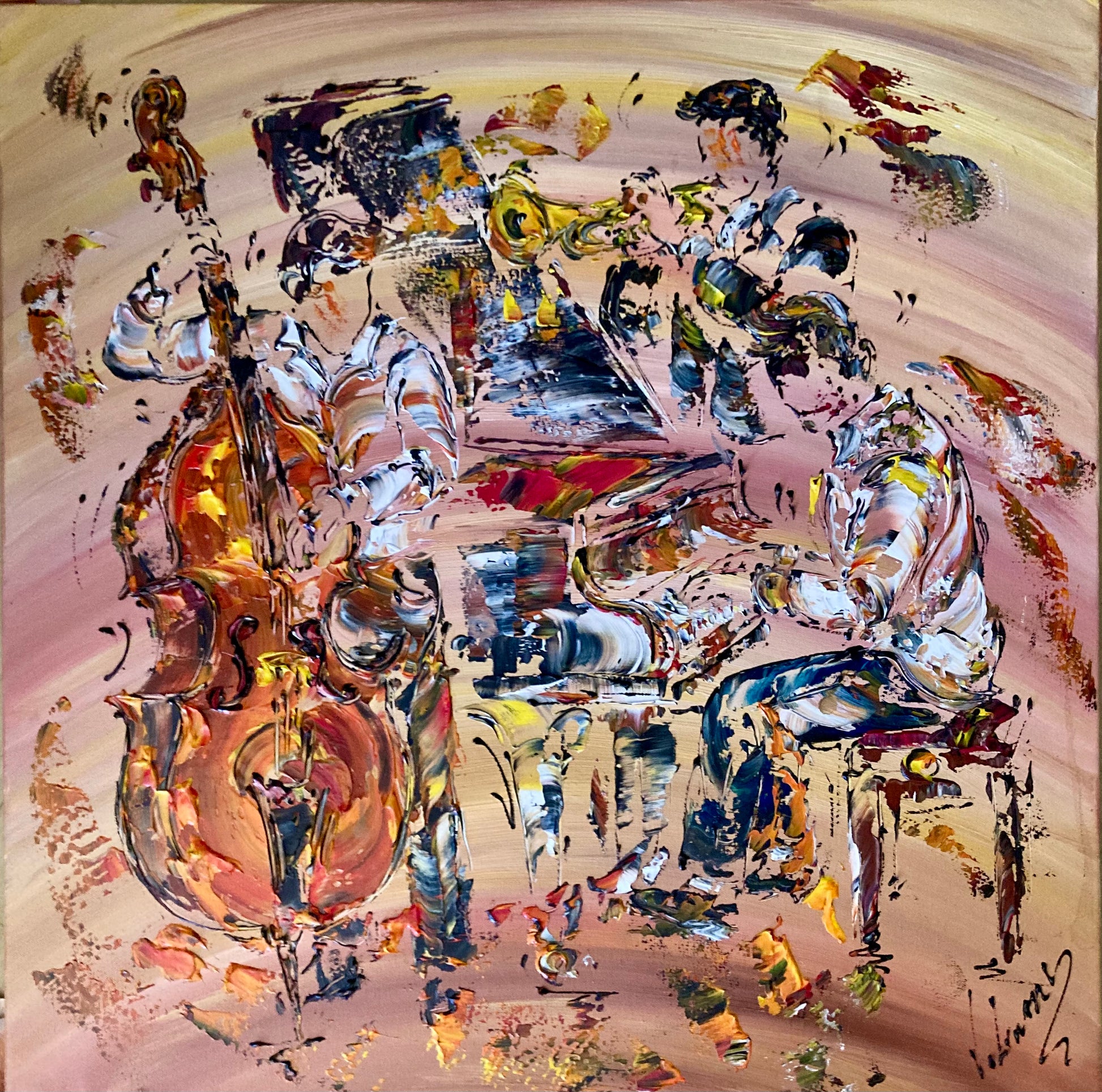 Tableau 70x70m trio musiciens jazz Contrebasse Piano et Trompette. Peinture sur toile originale signée Virginie Linard @.