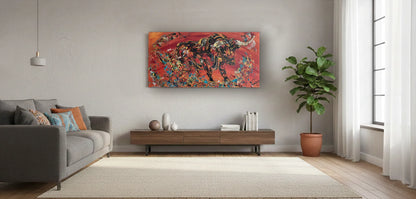 Peinture panoramique taureau espagnol sur fond rouge vif, silhouette animale puissante, art moderne grand format 50x100 cm.