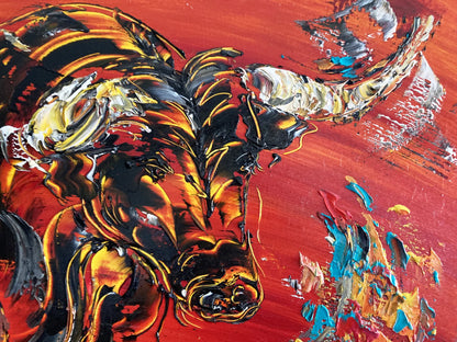 Peinture panoramique taureau espagnol sur fond rouge vif, silhouette animale puissante, art moderne grand format 50x100 cm.