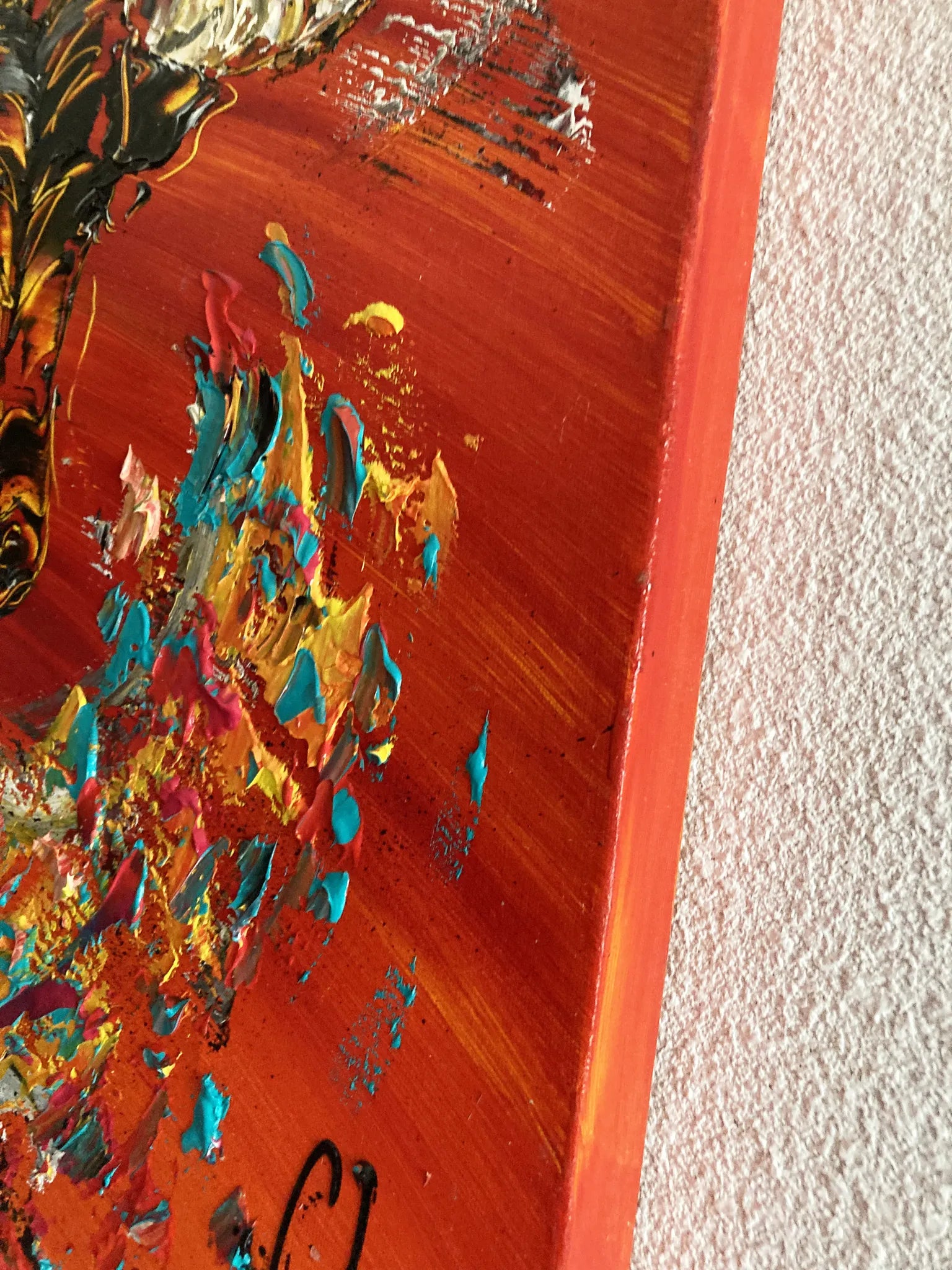 Peinture panoramique taureau espagnol sur fond rouge vif, silhouette animale puissante, art moderne grand format 50x100 cm. épaisseur toile 4cm.