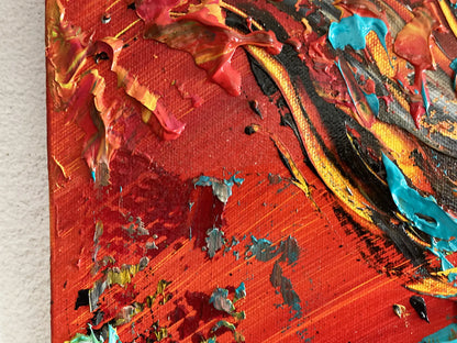 Peinture panoramique taureau espagnol sur fond rouge vif, silhouette animale puissante, art moderne grand format 50x100 cm. épaisseur relief peinture.