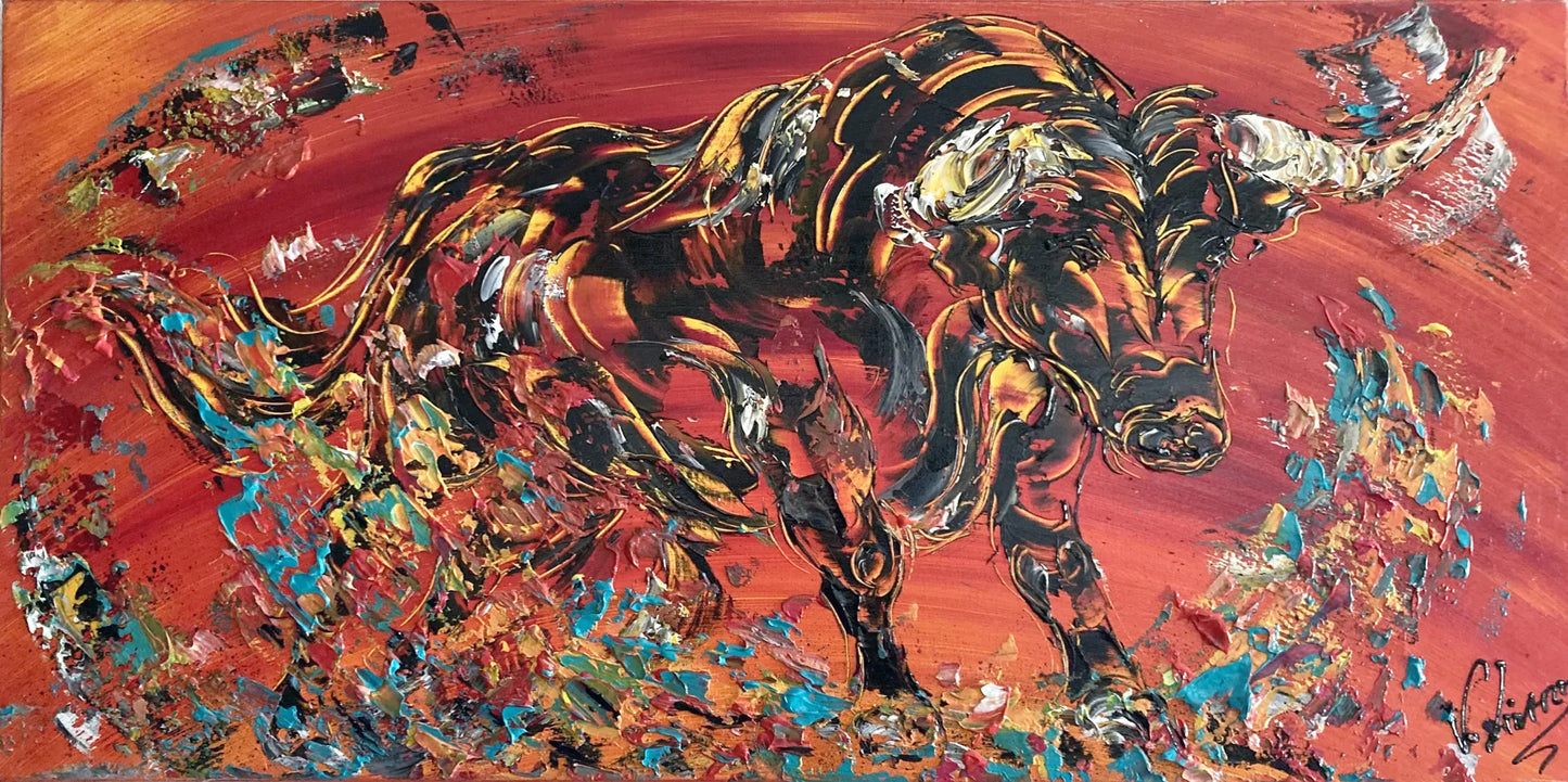 Peinture panoramique taureau espagnol sur fond rouge vif, silhouette animale puissante, art moderne grand format 50x100 cm.