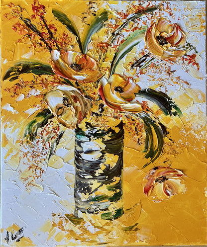 Bouquet fleurs jaune et blanche - Peinture sur toile 55x46cm