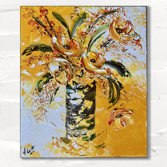 Bouquet fleurs jaune et blanche - Peinture sur toile 55x46cm