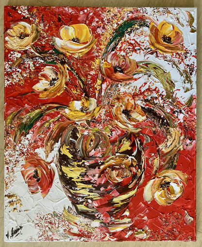 Bouquet fleurs rouge et blanche - Peinture sur toile 50x60cm