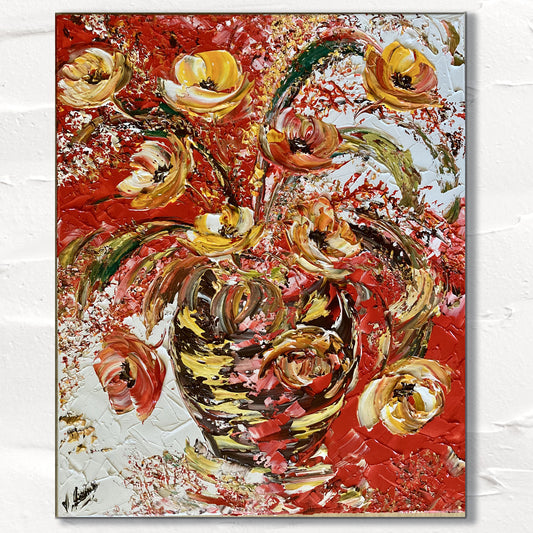 Bouquet fleurs rouge et blanche - Peinture sur toile 50x60cm