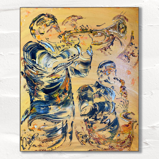 Musiciens Trompettiste Saxophoniste Jazz - Peinture sur toile 50x61cm