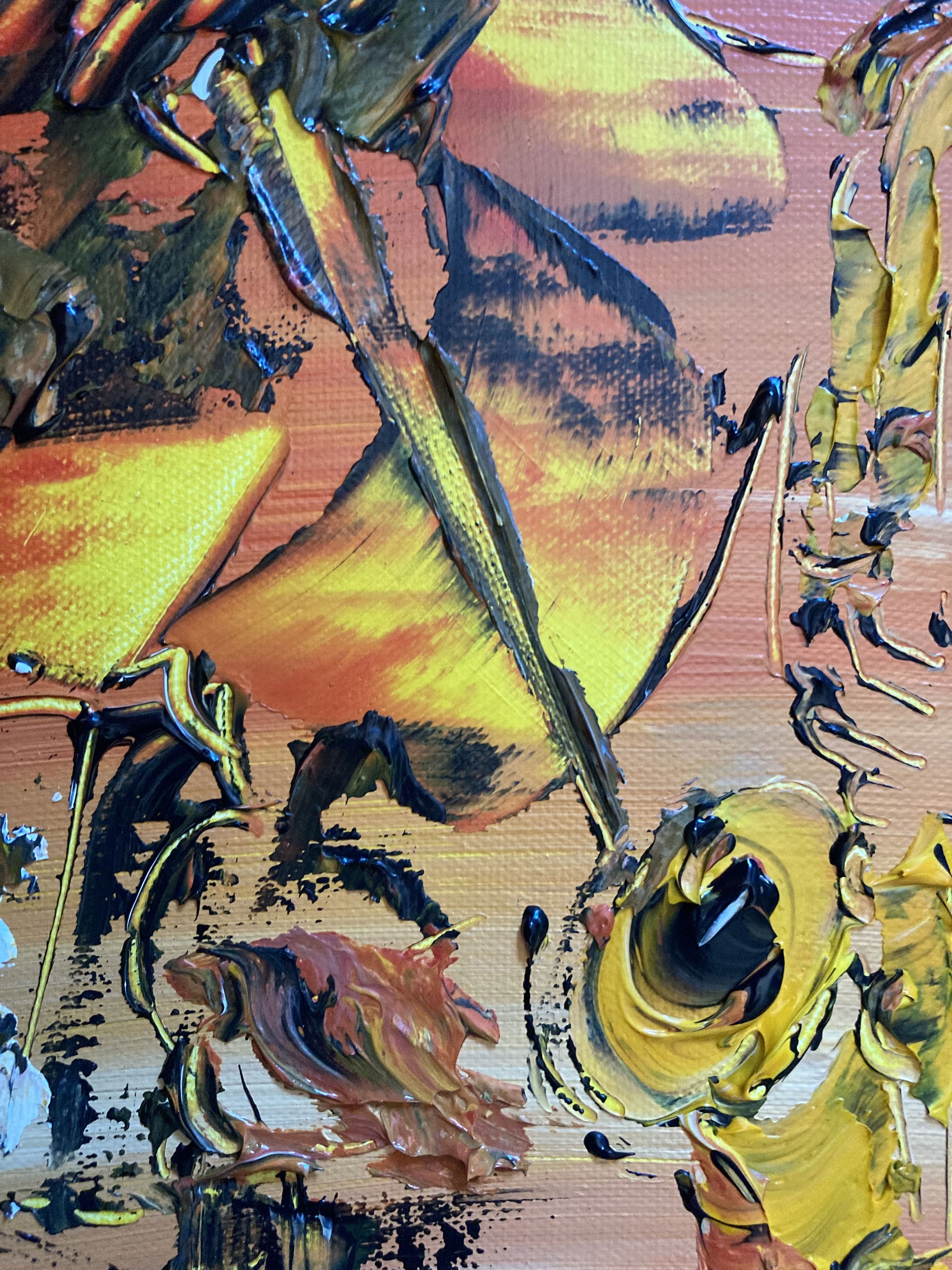 Tableau scène de musique jazz, musiciens piano contrebasse saxophone. Peinture sur toile format 60x80cm. Création Virginie Linard ©.