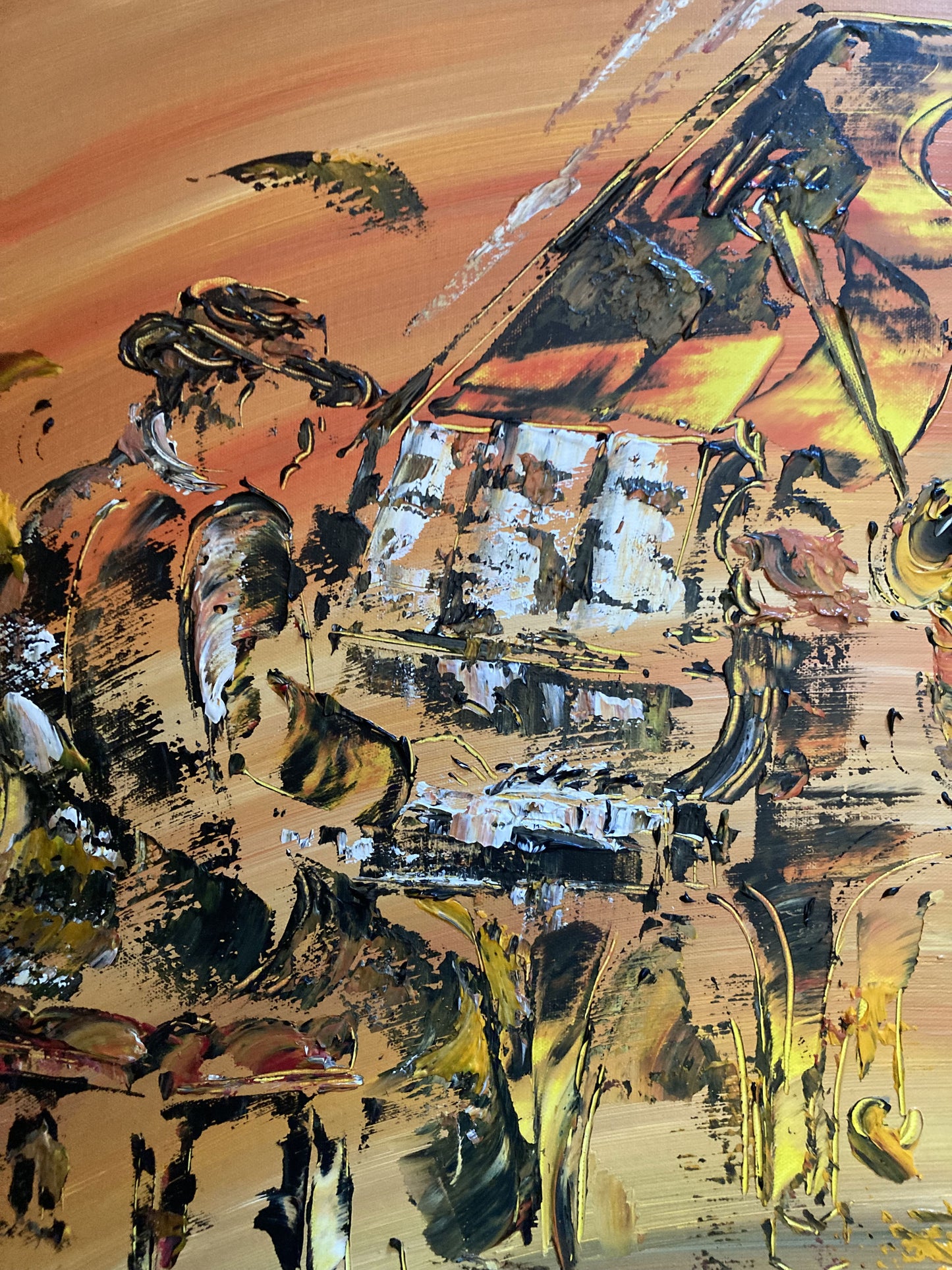 Tableau scène de musique jazz, musiciens piano contrebasse saxophone. Peinture sur toile format 60x80cm. Création Virginie Linard ©.