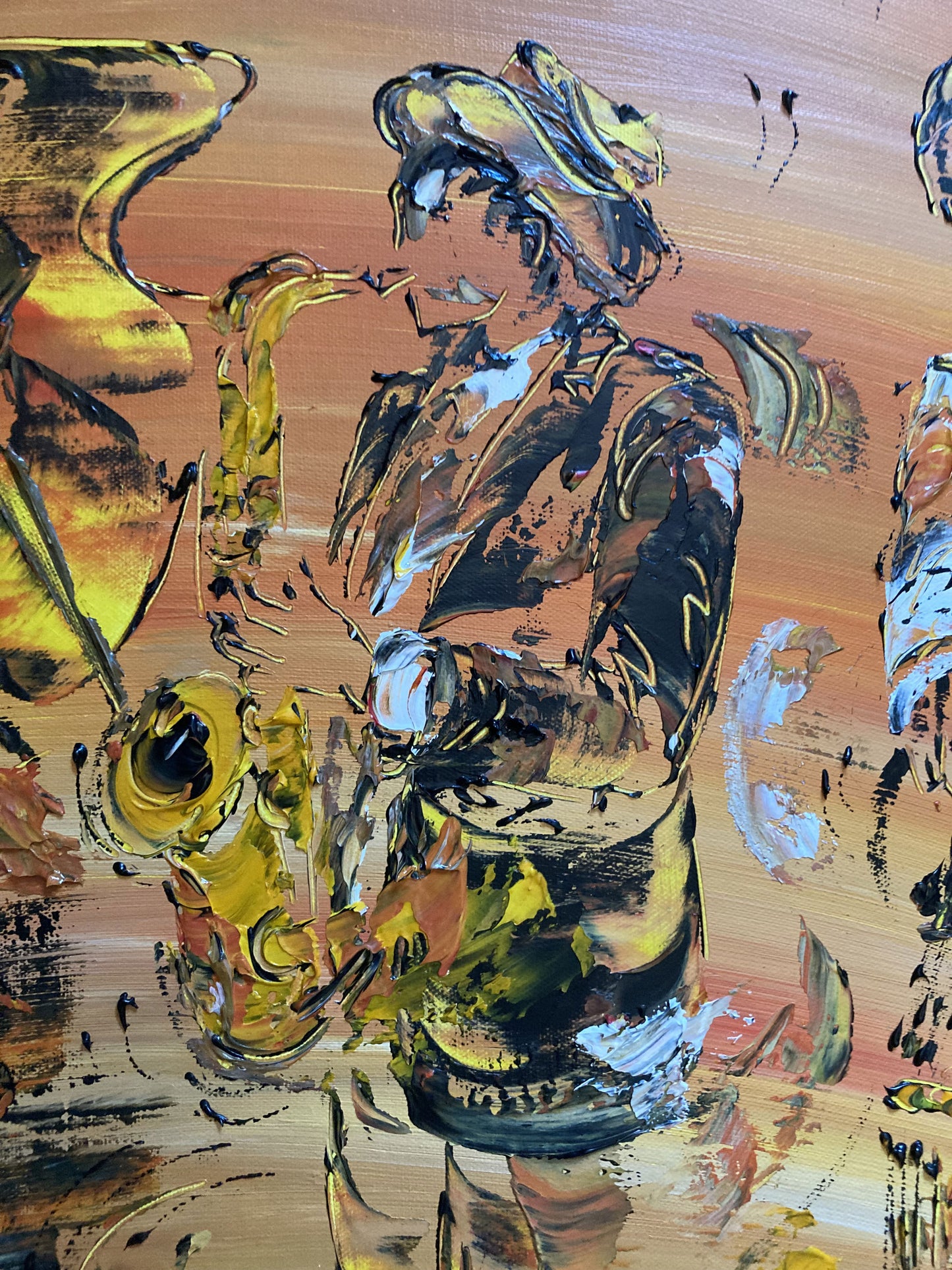 Tableau scène de musique jazz, musiciens piano contrebasse saxophone. Peinture sur toile format 60x80cm. Création Virginie Linard ©.
