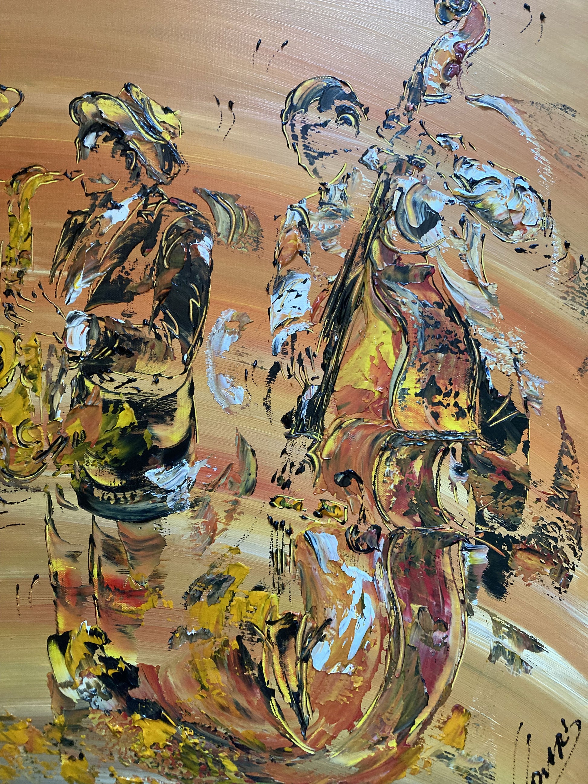Tableau scène de musique jazz, musiciens piano contrebasse saxophone. Peinture sur toile format 60x80cm. Création Virginie Linard ©.