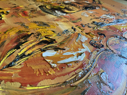 Tableau scène de musique jazz, musiciens piano contrebasse saxophone. Peinture sur toile format 60x80cm. Création Virginie Linard ©.