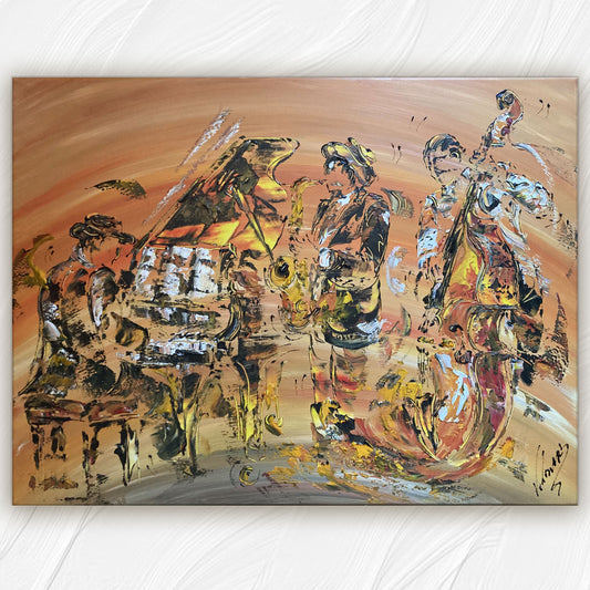 Tableau scène de musique jazz, musiciens piano contrebasse saxophone. Peinture sur toile format 60x80cm. Création Virginie Linard ©.