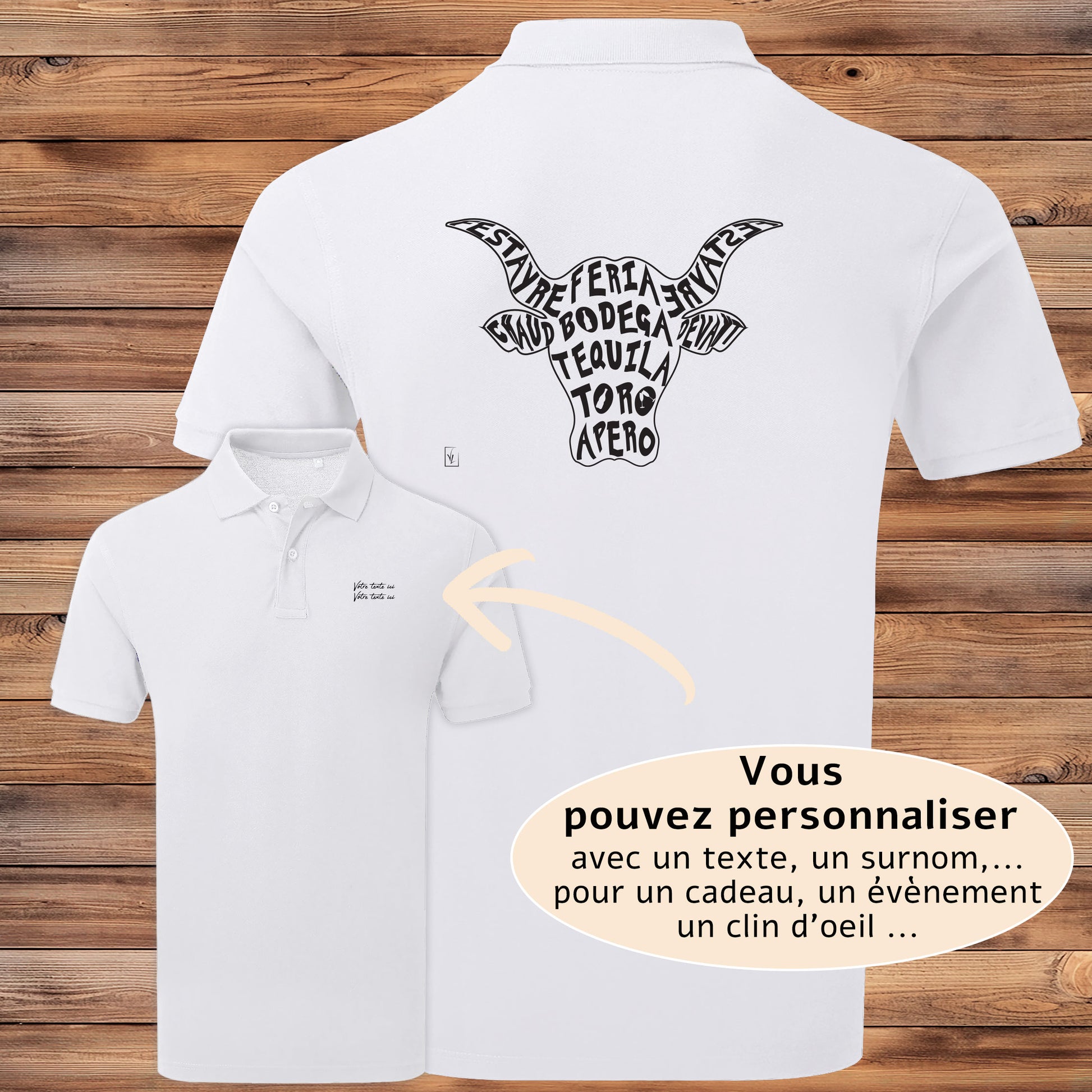 Taureau, tradition taurine, fête votive, bodega, Camargue, graphisme sur polo blanc homme à personnaliser avec un texte. Création Virginie Linard ©.