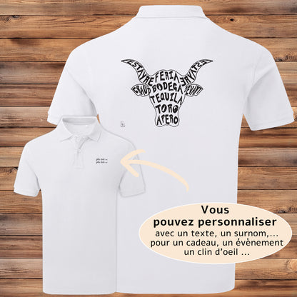 Taureau, tradition taurine, fête votive, bodega, Camargue, graphisme sur polo blanc homme à personnaliser avec un texte. Création Virginie Linard ©.