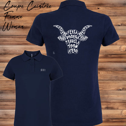 Taureau, tradition taurine, fête votive, bodega, Camargue, graphisme sur polo bleu femme à personnaliser avec un texte. Création Virginie Linard ©.