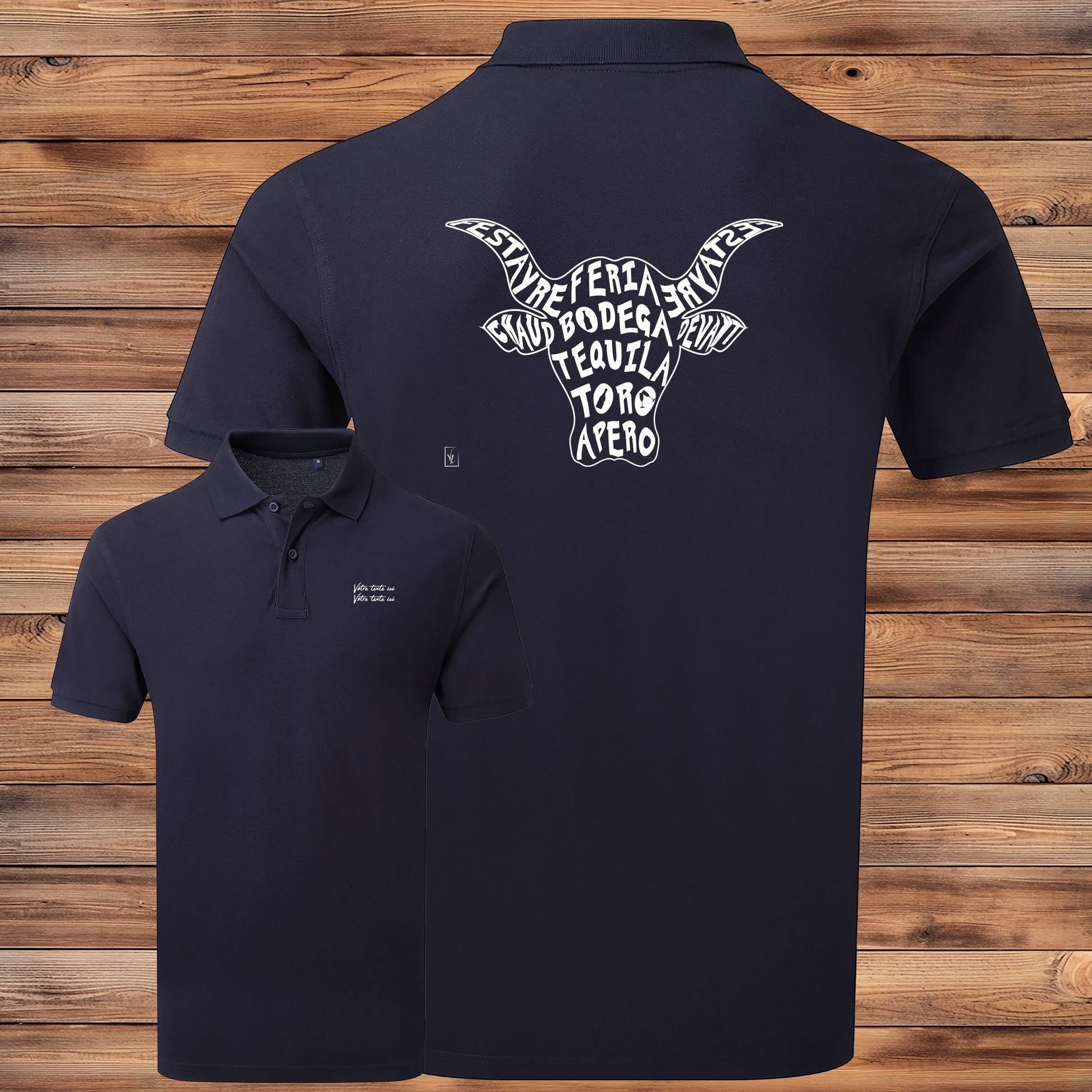 Taureau, tradition taurine, fête votive, bodega, Camargue, graphisme sur polo bleu homme à personnaliser avec un texte. Création Virginie Linard ©.