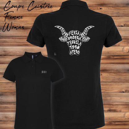 Taureau, tradition taurine, fête votive, bodega, Camargue, graphisme sur polo noir femme à personnaliser avec un texte. Création Virginie Linard ©.